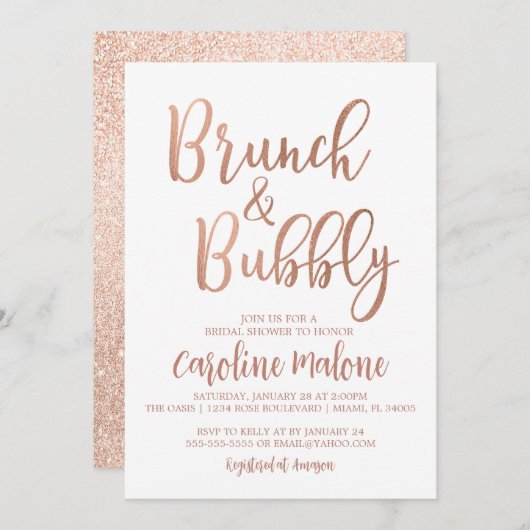 Roos Gold Brunch & Bubble Bridal Shower Invitation Kaart (Voorkant / Achterkant)