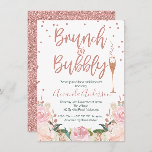Roos Gold Brunch Bubble Bridal Shower Invitations Kaart (Voorkant / Achterkant)