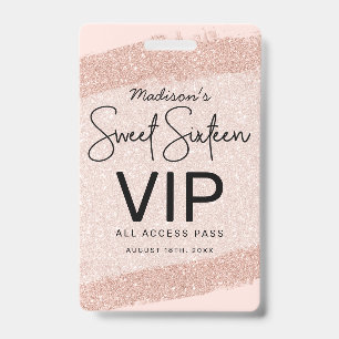 Roos Gold Brush Glitter Sweet 16 Uitnodiging VIP Badge