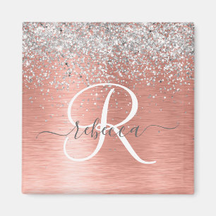 Roos Gold Brushed Metal Glitter Monogram Naam Magneet