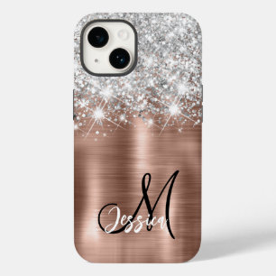 Roos Gold Brushed Metal Silver Glitter Monogram Case-Mate iPhone 14 Hoesje