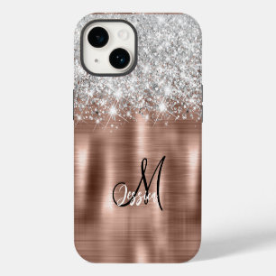 Roos Gold Brushed Metal Silver Glitter Monogram iPhone 14 Hoesje