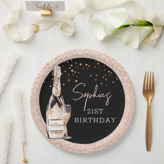 Roos Gold Bubble Champagne Birthday Party Papieren Bordje (Huwelijk)