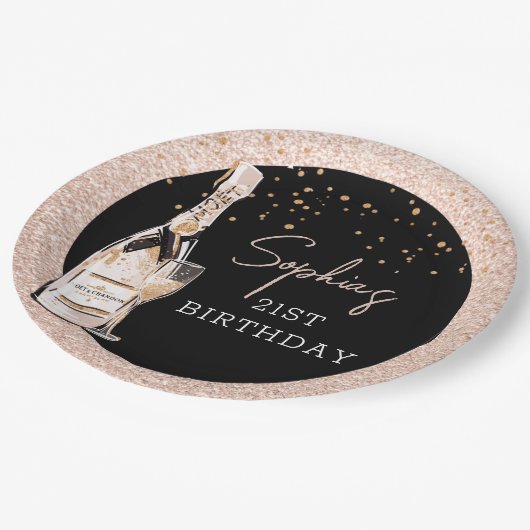 Roos Gold Bubble Champagne Birthday Party Papieren Bordje (Gekanteld)