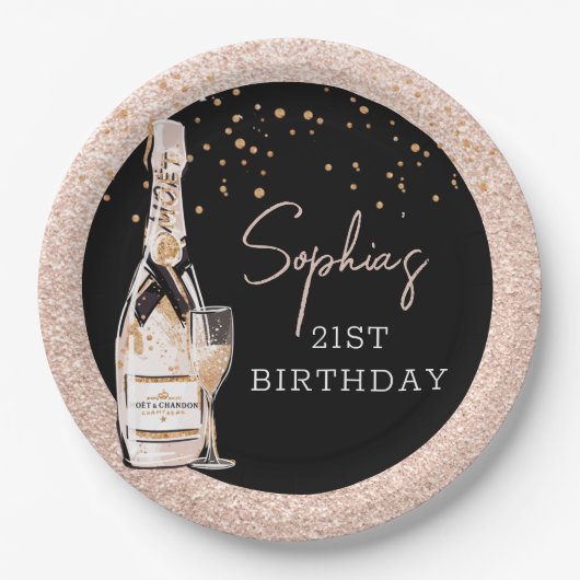 Roos Gold Bubble Champagne Birthday Party Papieren Bordje (Voorkant)