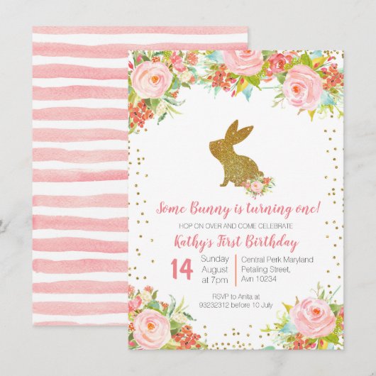 Roos Gold Bunny 1st Birthday Floral Invitation Kaart (Voorkant / Achterkant)