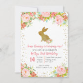 Roos Gold Bunny 1st Birthday Floral Invitation Kaart (Voorkant)