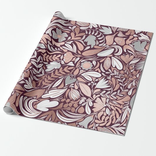 Roos Gold Burgundy Floral Illustration Pattern Cadeaupapier (Uitgerold)