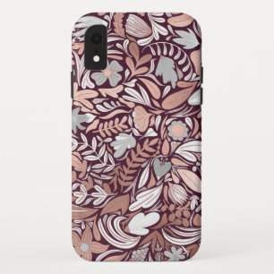 Roos Gold Burgundy Floral Illustration Pattern iPhone XR Hoesje