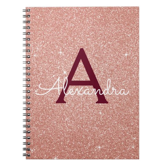 Roos Gold Burgundy Glitter Sparkle Monogram Notitieboek (Voorkant)