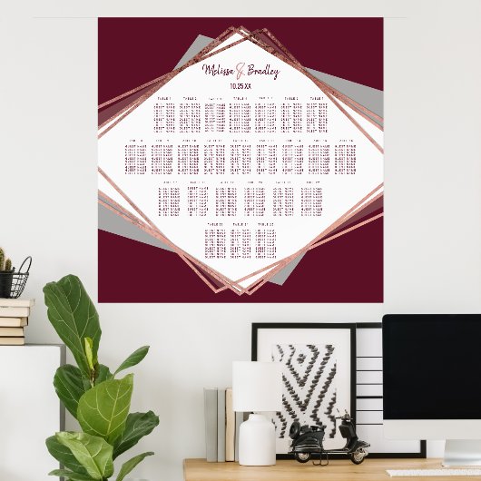 Roos Gold Burgundy Gray Geometric Seating Chart Poster (Thuiskantoor)