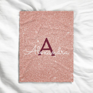 Roos Gold Burgundy Sparkle Glitter Monogram Naam Fleece Deken