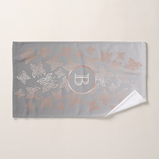 Roos Gold Butterflies Gray Pattern Monogram Handdoek (Handdoek)