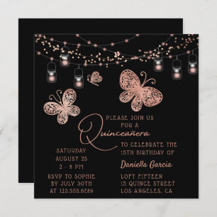 Roos Gold Butterfly Chic Modern Quinceañera Kaart