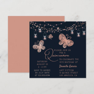 Roos Gold Butterfly Chic Modern Quinceañera Kaart