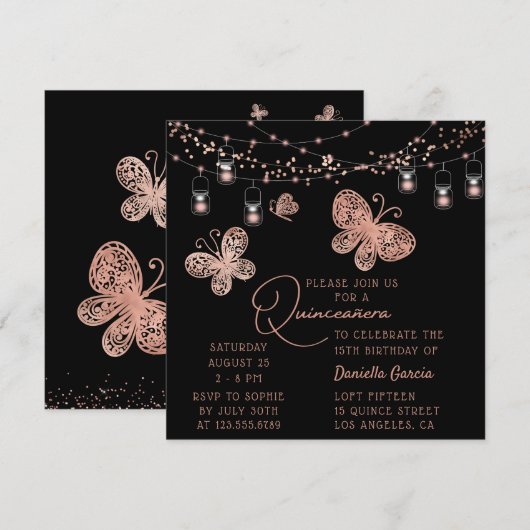 Roos Gold Butterfly Chic Modern Quinceañera Kaart (Voorkant / Achterkant)