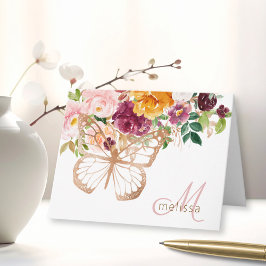 Roos Gold Butterfly & Waterverf Floral Bouquet Notitiekaartje