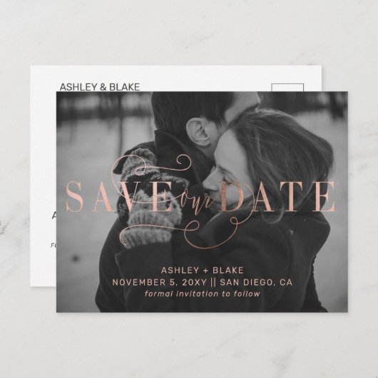 Roos Gold Calligrafie Foto Save the Date Aankondigingskaart (Voorkant / Achterkant)