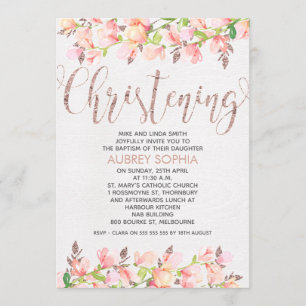 Roos Gold Calligraphy Christening Invitation Kaart