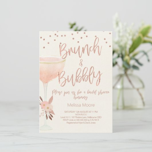 Roos Gold Champagne Glas Bruidsdouche Uitnodiging (Staand voorkant)