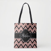 Roos Gold Chevron Pattern Black White Monogram Draagtas (Voorkant)