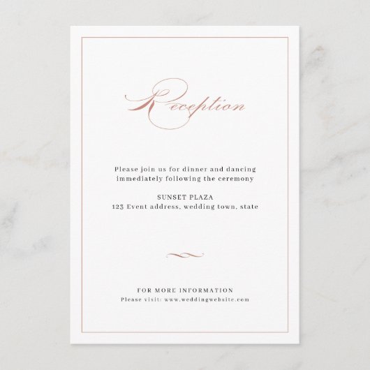 Roos Gold Classic Elegant Script Weduwen Reception Informatiekaartje (Voorkant)