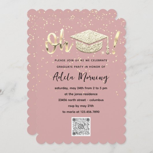 Roos Gold Confetti Afstuderen QR-code Kaart (Voorkant / Achterkant)