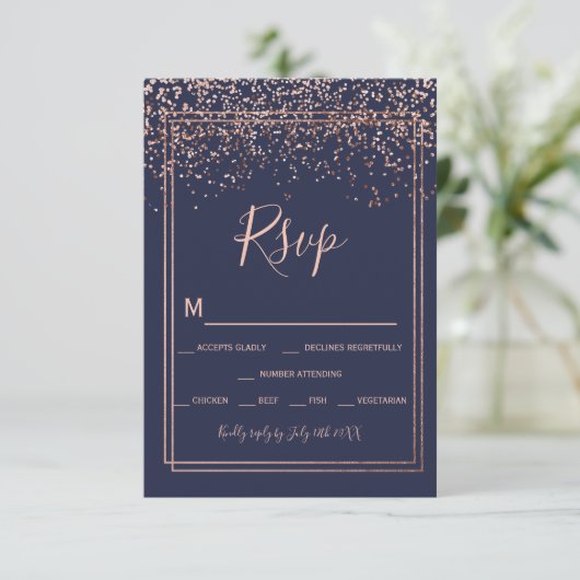 Roos Gold confetti marine blauw script border RSVP (Staand voorkant)