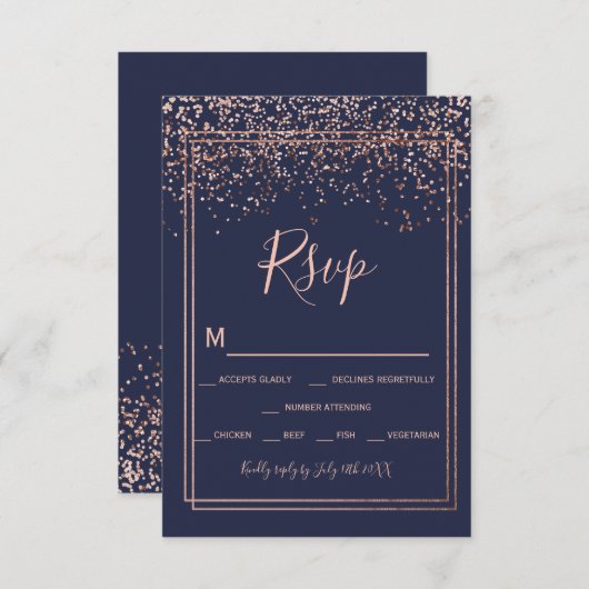 Roos Gold confetti marine blauw script border RSVP (Voorkant / Achterkant)
