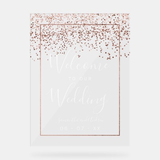 Roos gold confetti marvy blue bruiloft welkom acryl bord (Voorkant)