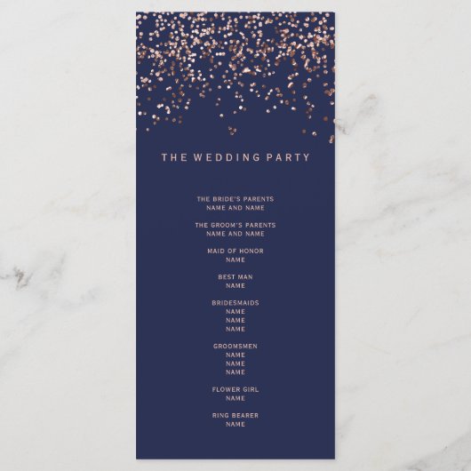Roos gold confetti navy blue bruiloft programma (Achterkant)