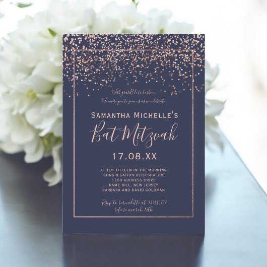 Roos gold confetti navy blue script bat Mitzvah Kaart