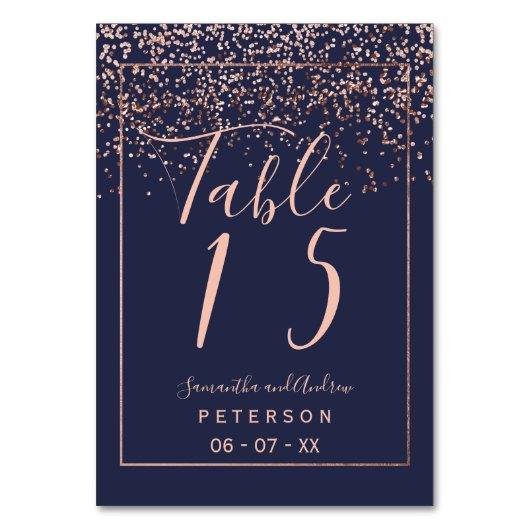 Roos gold confetti navy blue script trouwtafel kaart (Voorkant)