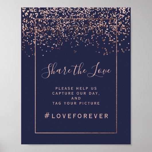 Roos gold confetti navy blue trouwbord poster (Voorkant)