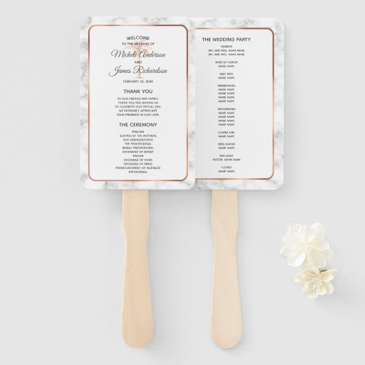 Roos Gold Copper Palm Tree Marble Wedding Program Handwaaier (Voorkant en achterkant)