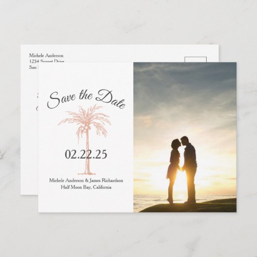 Roos Gold Copper Palm Tree Weddenschap Save Date F Aankondigingskaart (Voorkant / Achterkant)