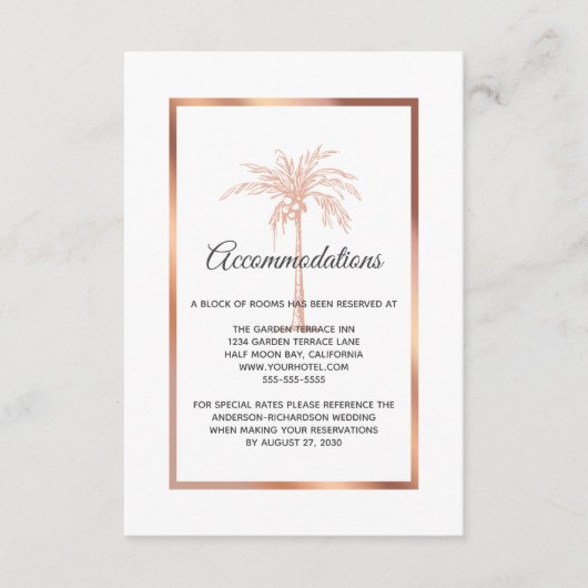 Roos Gold Copper Palm Tree Wedding Accommodations Informatiekaartje (Voorkant)