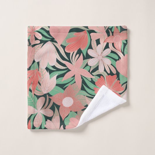 Roos Gold Coral Green Floral Leaves Illustrations Washandje (Wasdoekje)