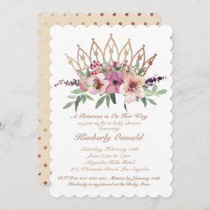 Roos Gold Crown Blush Pink Floral Baby Girl Shower Kaart