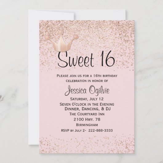 Roos Gold Crown Pink Sweet 16 Birthday Invitation Kaart (Voorkant)