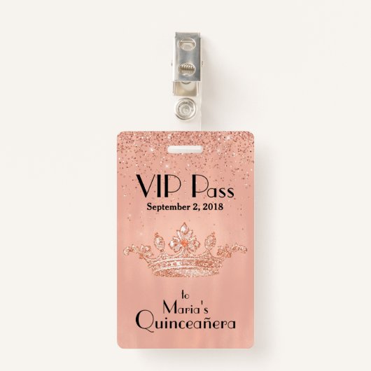 Roos Gold Crown Quinceañera VIP Badge (Voorkant met clip)