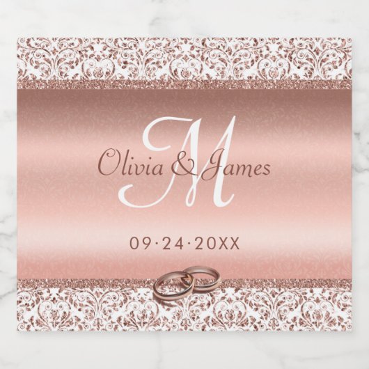 Roos Gold Damask Monogram Weddenschap Sparkling Wijnetiket (Enkel label)