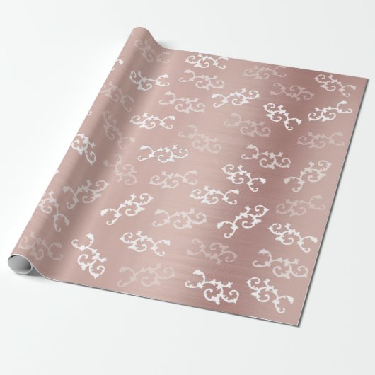 Roos Gold Damask Patroon Cadeaupapier (Uitgerold)