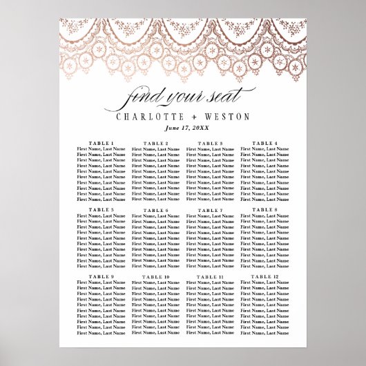 Roos Gold Delicate Wedding Seating Chart Poster (Voorkant)