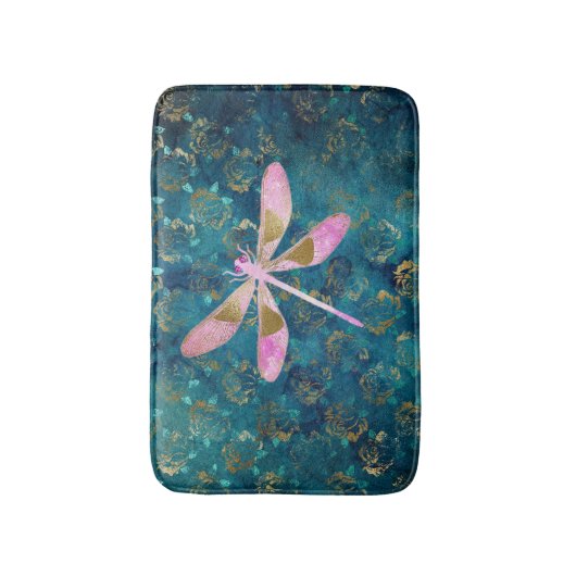 Roos Gold Dragonfly op Turquoise Floral Background Badmat (Voorkant Verticaal)