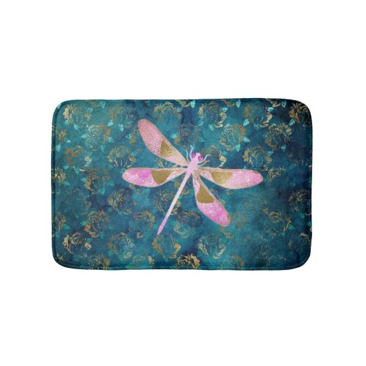 Roos Gold Dragonfly op Turquoise Floral Background Badmat (Voorkant)