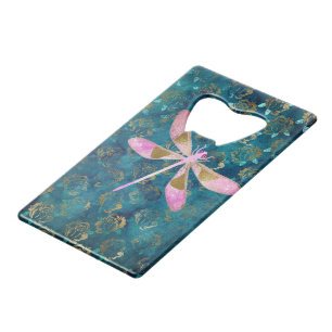 Roos Gold Dragonfly op Turquoise Floral Background Kredietkaart Flessenopener