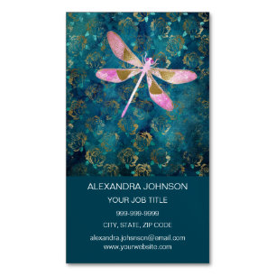 Roos Gold Dragonfly op Turquoise Floral Background Magnetisch Visitekaartje