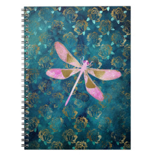 Roos Gold Dragonfly op Turquoise Floral Background Notitieboek