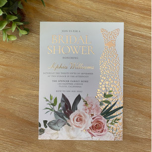 Roos Gold Dress Blush Pink Floral Vrijgezellenfees Folie Uitnodiging